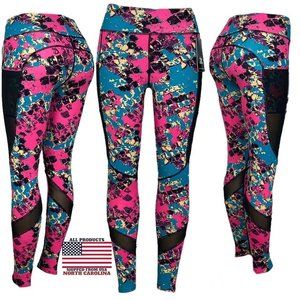 Womens High Waist Mesh Cutouts Leggings with Pockets | Pink